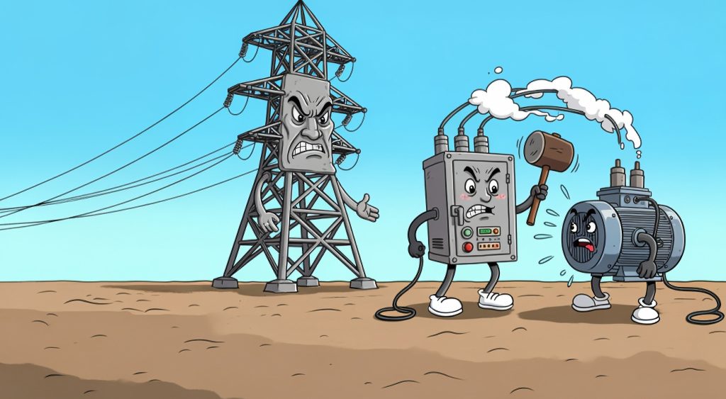 Cartoon of power quality story – grid, VFD cabinet and motor arguing about shutdowns