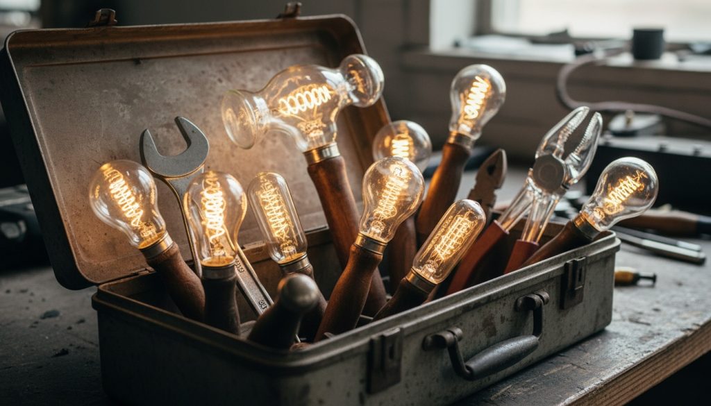 Image of the toolbox where every tool has its shape, but the characteristic shape is a light bulb in fact.